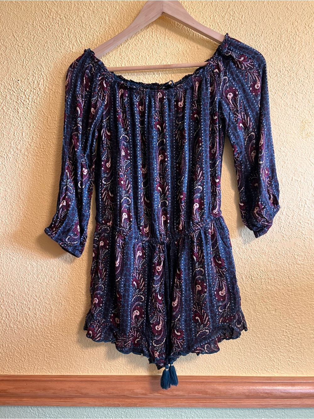American Eagle Outfitters Paisley Off-Shoulder Romper in Navy & Burgundy